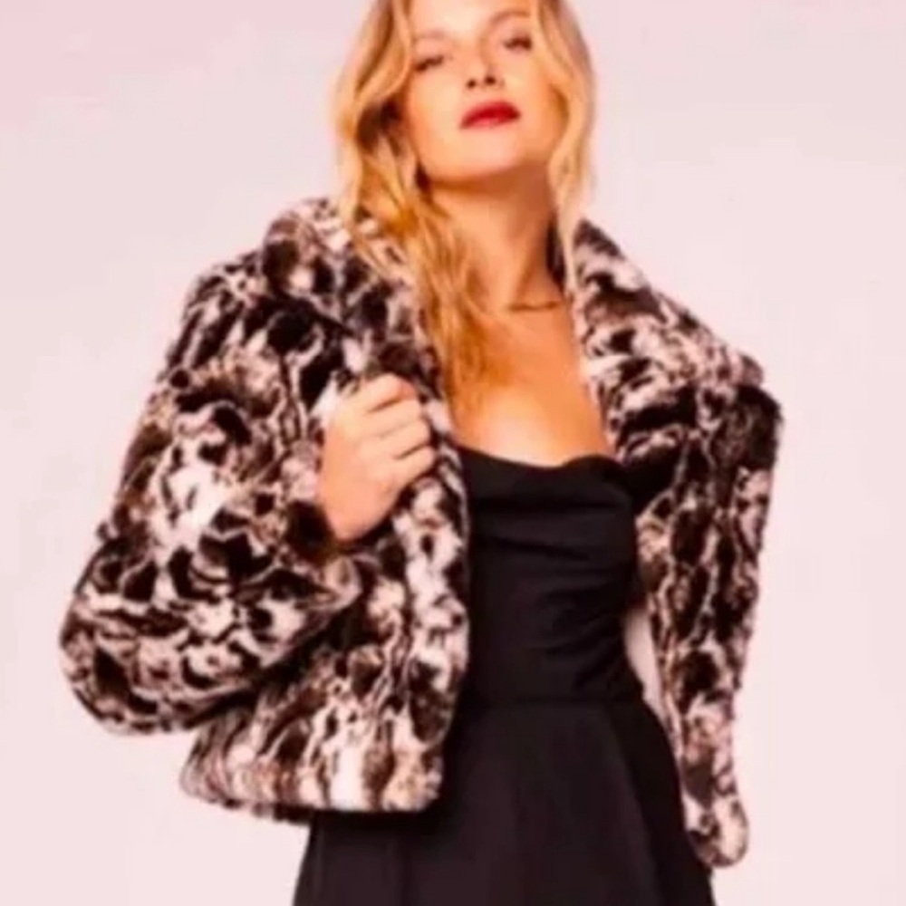 BAND OF THE FREE WILD CAT LEOPARD FAUX FUR OPEN JACKET BLACK BROWN IVORY SIZE S